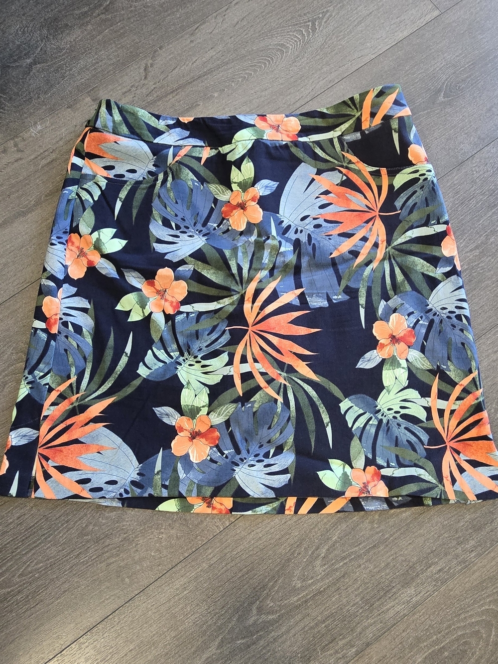Tropical Floral A-Line Skirt - Navy with Orange & Green